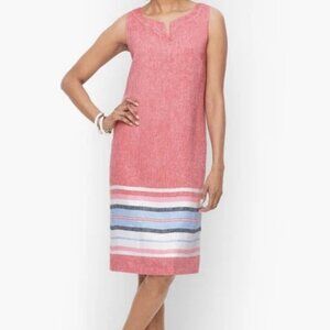 Talbots 100% Linen Shift Dress Seaside Stripe Size 16 Split Neckline Sleeveless